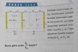 +
+
+
ÖRNEK SORU
2d
2d
V÷0
9 L
16V
2d
M
Buna göre oranı
EL
E₁
2d
3
++
6V
2d
kaçtır?
T
2
+
+
+
+
Şekildeki sürtünmesiz ya-
tay düzlemdeki paralel
levhalar arasındaki uzak-
lık 4d ve 6d'dir. Levhalar
arasından serbest bıra-
kılan +q yükü, L ve T'den
geçerken kinetik enerjisi
sırasıyla E ve E, dir.