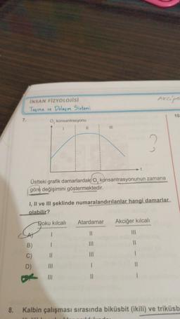 8.
INSAN FIZYOLOJİSİ
Taşıma ve Dolaşım Sistemi
B)
C)
O₂ konsantrasyonu
D)
Üstteki grafik damarlardaki O, konsantrasyonunun zamana
göre değişimini göstermektedir.
I, II ve III şeklinde numaralandırılanlar hangi damarlar.
olabilir?
Doku kılcalı
E** AME
1
|||
||
|||
|||
3
Atardamar Akciğer kılcalı
||
|||
|||
I
||
|||
||
Arcipe
1
10
Kalbin çalışması sırasında biküsbit (ikili) ve triküsb