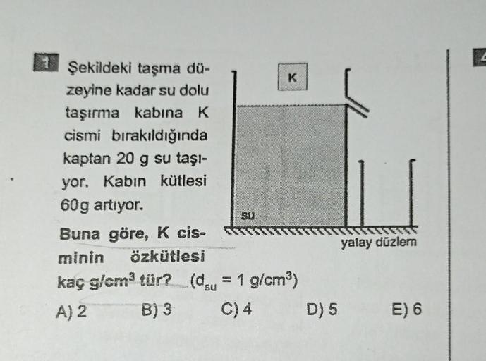 Şekildeki taşma dü-
zeyine kadar su dolu
taşırma kabına K
cismi bırakıldığında
kaptan 20 g su taşı-
yor. Kabın kütlesi
60g artıyor.
Buna göre, K cis-
minin özkütlesi
su
kaç g/cm³ tür? (d
B) 3
A) 2
su
K
= 1 g/cm³)
C) 4
D) 5
yatay düzlem
E) 6