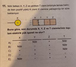 11. Nötr iletken X, Y, Z ve yalıtkan T cismi birbiriyle temas halin-
de iken pozitif yüklü K cismi X cismine yaklaştırılıp bir süre
par
bekleniyor.
K
A)
B)
C)
D)
+
10000 -
Nötr
+
Buna göre, son durumda X, Y, Z ve T cisimlerinin top-
od sb
lam elektrik yük işareti ne olur?
X
Y
Nötr
X T
pt brisbio
1 + +
o mule meio Mon
E) Nötr
Y
N
+
150 Sberlan
+
+
N
+
T
Nötr
Nötr
Nötr
101
+