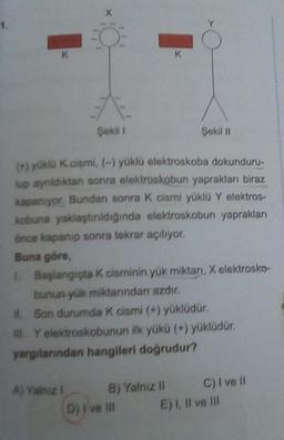 1.
K
Şekil 1
A) Yalnız I
(+) yüklü K.cismi, (-) yüklü elektroskoba dokunduru-
lup aynıldıktan sonra elektroskobun yaprakları biraz
kapanıyor. Bundan sonra K cismi yüklü Y elektros-
kobuna yaklaştırıldığında elektroskobun yaprakları
önce kapanıp sonra tekrar açılıyor.
K
Buna göre,
1. Başlangıçta K cisminin yük miktarı, X elektrosko-
bunun yük miktarından azdır.
H. Son durumda K cismi (+) yüklüdür.
III. Y elektroskobunun ilk yükü (+) yüklüdür.
yargılarından hangileri doğrudur?
B) Yalnız il
Şekil 11
D) I've Ill
C) I ve il
E) I, II ve III