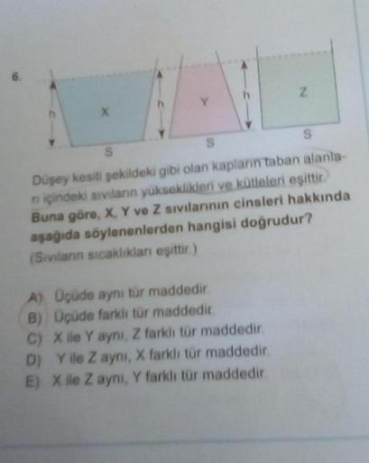 6.
X
Z
S
S
S
Düşey kesiti şekildeki gibi olan kapların taban alanla-
n içindeki sıvıların yükseklikleri ve kütleleri eşittir.
Buna göre, X, Y ve Z sıvılarının cinsleri hakkında
aşağıda söylenenlerden hangisi doğrudur?
(Sivilanın sıcaklıkları eşittir)
A) Üç