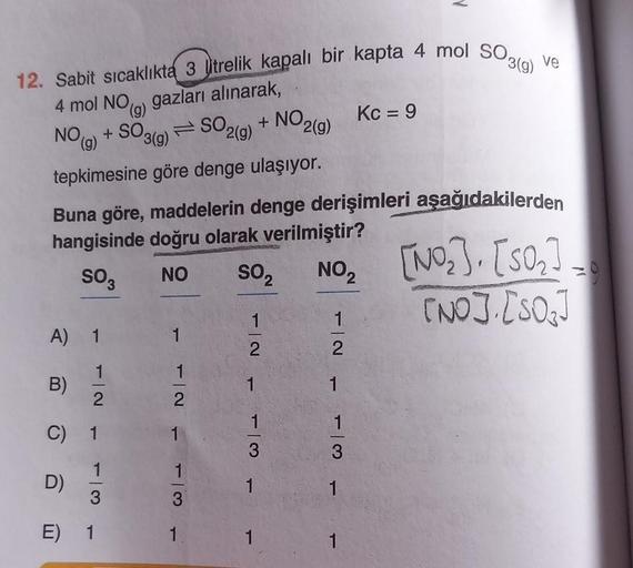 12. Sabit sıcaklıkta 3 litrelik kapalı bir kapta 4 mol SO3(
4 mol NO gazları alınarak,
+
+ SO3(g)
NO (g)
SO2(g)
tepkimesine göre denge ulaşıyor.
A) 1
1
2
B)
Buna göre, maddelerin denge derişimleri aşağıdakilerden
hangisinde doğru olarak verilmiştir?
SO3
NO