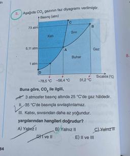 in
34
5. Aşağıda CO₂ gazının faz diyagramı verilmiştir.
2
Basınç (atm)
73 atm
5,11 atm
1 atm
D
Katı
-78,5 °C -56,4 °C
SIVI
DI ve II
Buhar
31,2 °C
B
Gaz
Buna göre, CO, ile ilgili,
3 atmosfer basınç altında 25 °C'de gaz hâldedir.
II. 35 °C'de basınçla sıvılaştırılamaz.
III. Katısı, sıvısından daha az yoğundur.
yargılarından hangileri doğrudur?
A) Yalnız 1
B) Yalnız II
Sıcaklık (°C)
E) II ve III
C) Yalnız III
8.