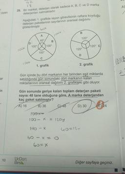 11
i uyanı
ar
10
42
18
28. Bir market, deterjan olarak sadece A, B, C ve D marka
deterjanları satmaktadır.
Aşağıdaki 1. grafikte reyon görevlisinin raflara koyduğu
deterjan paketlerinin sayılarının oransal dağılımı
gösterilmiştir.
60x
D
1007
100°
UcDört
Bes
A
60°
100°
C
1. grafik
100°
B
60-x
100x
60=X
100- x = 1208
100 - X
C) 48
B
Gün içinde bu dört markanın her birinden eşit miktarda
satıldığında gün sonundaki dört markanın kalan
miktarlarının oransal dağılımı 2. grafikteki gibi oluyor.
120°
D
Gün sonunda geriye kalan toplam deterjan paketi
sayısı 48 tane olduğuna göre, A marka deterjandan
kaç paket satılmıştır?
A) 16
B) 36
120°
2. grafik
120° C
40=120
D) 30
E24
Diğer sayfaya geçiniz.
32
Ad