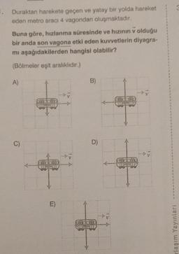 1. Duraktan harekete geçen ve yatay bir yolda hareket
eden metro aracı 4 vagondan oluşmaktadır.
Buna göre, hızlanma süresinde ve hızının v olduğu
bir anda son vagona etki eden kuvvetlerin diyagra-
mı aşağıdakilerden hangisi olabilir?
(Bölmeler eşit aralıklıdır.)
A)
C)
oncomo
andono
E)
B)
D)
aindoño
QUEE
bind
ondens
V
1
laşım Yayınları