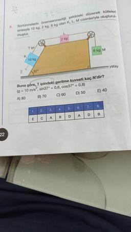 22
8.
72= 20
Sürtünmelerin önemsenmediği şekildeki düzenek kütleleri
sırasıyla 10 kg, 2 kg, 8 kg olan K, L, M cisimleriyle oluşturul-
muştur.
8
K
Tipl/
10 kg
37°
1.
Buna göre, Tipindeki gerilme kuvveti kaç N'dir?
(g = 10 m/s², sin37° = 0,6, cos37° = 0,8)
A) 80
B) 70
C) 60
D) 50
E
2.
C
3.
2 kg
A
4.
B
5.
D
6.
A
7.
8 kg M
D
E) 40
8.
B
yatay