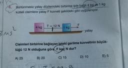 4. Sürtünmesiz yatay düzlemdeki birbirine iple bağlı 4 kg ve 1 kg
kütleli cisimlere yatay F kuvveti şekildeki gibi uygulanıyor.
2
BMS²
4 kg
T = 12 N
B) 20
1 kg
F
Cisimleri birbirine bağlayan ipteki gerilme kuvvetinin büyük-
lüğü 12 N olduğuna göre, F kaç N dur?
A) 25
C) 15
yatay
D) 10
E) 5