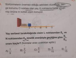 3.
Sürtünmelerin
önemsiz olduğu şekildeki düzlemde, den-
ge konumu O noktası olan yay, K noktasına kadar sıkıştı-
rılıp önüne m kütleli cisim konuyor.
5000000
A) 1/12
9
Yay serbest bırakıldığında cisim L noktasından E₁ ve
EL
EN
N noktasından EN kinetik enerjisiyle geçtiğine göre
oranı kaçtır? (Noktalar arası uzaklıklar eşittir.)
B)
K
w/N
3
M N
C)
4
D)
9
15
E)
7
15