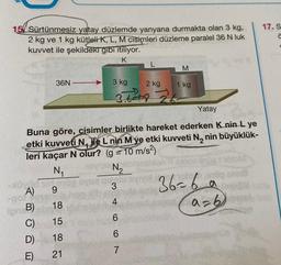 15 Sürtünmesiz yatay düzlemde yanyana durmakta olan 3 kg,
2 kg ve 1 kg kütleli K, L, M cisimleri düzleme paralel 36 N luk
kuvvet ile şekildeki gibi itiliyor.
K
-Hövd
A)
36N
9
18
C) 15
D)
18
21
go
Ten B)
Yatay
Buna göre, cisimler birlikte hareket ederken K nin L ye
etki kuvveti Nje L nin M ye etki kuvveti N₂ nin büyüklük-
leri kaçar N olur? (g = 10 m/s²)
N₁
N₂
E)
3 kg
2 kg
3+²+8 2²/6
34699
M
7
1 kg
36=60
a=b
otoM
17. S
ä