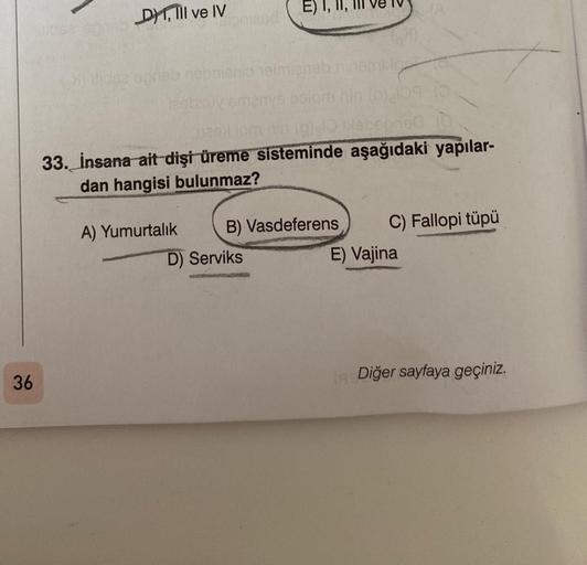 36
D), III ve IV
E) I,
itidez agreb nobnienio helmianeb minem
jesbxuy smanys bolom nin (p) 109 (0
nes lom nin (p) Nebeoned (0
33. İnsana ait dişi üreme sisteminde aşağıdaki yapılar-
dan hangisi bulunmaz?
A) Yumurtalık
B) Vasdeferens
D) Serviks
ROUTEFINGEVO