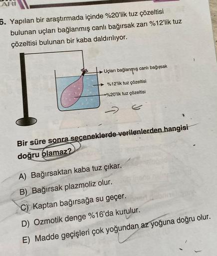 ARI
6. Yapılan bir araştırmada içinde %20'lik tuz çözeltisi
bulunan uçları bağlanmış canlı bağırsak zarı %12'lik tuz
çözeltisi bulunan bir kaba daldırılıyor.
- Uçları bağlanmış canlı bağırsak
%12'lik tuz çözeltisi
%20'lik tuz çözeltisi
2
Bir süre sonra seç