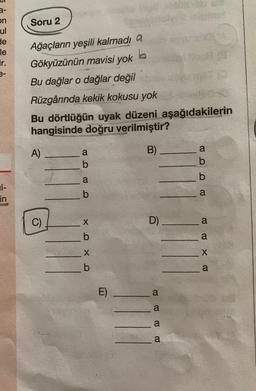 on
ul
de
le
ir.
e-
1-
in
Soru 2
Ağaçların yeşili kalmadı a
Gökyüzünün mavisi yok
b
Bu dağlar o dağlar değil
Rüzgârında kekik kokusu yok
Bu dörtlüğün uyak düzeni aşağıdakilerin
hangisinde doğru verilmiştir?
B)
A)
C)
a
JEJE
b
a
b
XOXO
b
b
E)
D)
a
PTG
a
a
a
a
PUUE
b
b
a
a
a
X
a
T