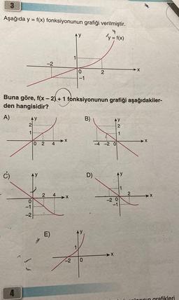 Aşağıda y = f(x) fonksiyonunun grafiği verilmiştir.
9
y = f(x)
c)
AY
2
1
Buna göre, f(x - 2) + 1 fonksiyonunun grafiği aşağıdakiler-
den hangisidir?
A)
0
O
-1
-2
0 2 4
2 4
AY
➜X
0
-1
B)
D)
2
E)
f
-2 0
-4-2 0
AY
2
1
X
AY
-20
-1
1
X
2
X
larının grafikleri