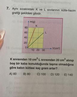 7. Aynı sıcaklıktaki K ve L sıvılarının kütle-hacim
grafiği şekildeki gibidir.
80
60
40
20
0
m(g)
K
L
77
10 20 30
V(cm³)
K sıvısından 10 cm³ L Sivisindan 20 cm³ alınıp
boş bir kaba konulduğunda taşma olmadığına
göre kabın kütlesi kaç gram artar?
A) 60 B) 80
C) 100 D) 120
E) 140