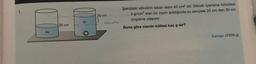 su
20 cm
su
30 cm
10cm
Şekildeki silindirin taban alanı 40 cm² dir. Silindir içerisine özkütlesi
3 g/cm³ olan bir cisim atıldığında su seviyesi 20 cm den 30 cm
çizgisine ulaşıyor.
Buna göre cismin kütlesi kaç g dır?
Cevap: (1200 g)
