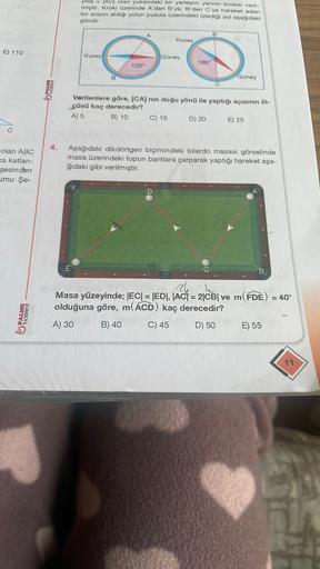 E) 110
olan ABC
ca katlan-
şesinden
umu Şe-
YAYINEVİ
PALME
4.
|AB| = |AC| olan yukandaki bir yerleşim yerinin krokisi veril-
miştir. Kroki üzerinde A'dan B'ye, B'den C'ye hareket eden
bir aracın aldığı yolun pusula üzerindeki izlediği yol aşağıdaki
gibidir