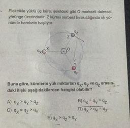 Elektrikle yüklü üç küre, şekildeki gibi O merkezli dairesel
yörünge üzerindedir. Z küresi serbest bırakıldığında ok yö-
nünde harekete başlıyor.
9x0*
Z
A) qx > qy>qz
C) 9x =qz > qy
az
170 0
Buna göre, kürelerin yük miktarları qx, dy ve qz arasın-
daki ilişki aşağıdakilerden hangisi olabilir?
E) qx >qz > qy
B) qx = qy=9z
D) qx > qy=9z