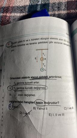 ildeki
ra-
8. Pozitif yüklü K ve L küreleri düzgün elektrik alan (E) içinde
iplerle birbirine ve tavana şekildeki gibi asılarak dengelen
yor.
III.
E
oranı değişmez.
T₁
D) Ive l
T
K
Ortamdaki elektrik alanın siddeti artırılırsa;
1. T₂ gerilme kuvveti artar.
IT, gerilme kuvveti değişmez.
2
+) L
T₂
yargılarından hangileri kesin doğrudur?
(A) Yalnızl
B) Yalnız II
Test
C) I ve Il
E) I, II ve III
11.