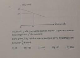 1.
30
27
Boy (cm)
18
Yukandaki grafik, yanmakta olan bir mumun boyunun zamana
bağlı değişimini göstermektedir.
i olur?
Buna göre, kaç dakika sonra mumun boyu başlangıçtaki
2
boyunun
A) 96
B) 102
→ Zaman (dk)
C) 108
D) 120
E) 126