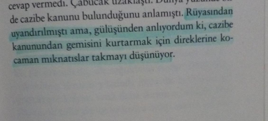 cevap vermedi. Cabu
de cazibe kanunu bulunduğunu anlamıştı. Rüyasından
uyandırılmıştı ama, gülüşünden anlıyordum ki, cazibe
kanunundan gemisini kurtarmak için direklerine ko-
caman mıknatıslar takmayı düşünüyor.