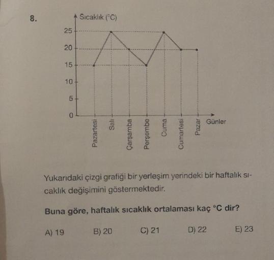 8.
25
A) 19
20
15
10
5.
0
Sıcaklık (C)
Pazartesi
Salı
Çarşamba
B) 20
Perşembe
Cuma
C) 21
Cumartesi
Yukarıdaki çizgi grafiği bir yerleşim yerindeki bir haftalık si-
caklık değişimini göstermektedir.
Buna göre, haftalık sıcaklık ortalaması kaç °C dir?
D) 22
