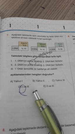 7.
Aşağıdaki tablolarda aynı uzunlukta üç farklı DNA mo-
lekülüne ait bazı nükleotit %'leri verilmiştir.
Adenin
%'si
1.DNA % 10
2.DNA
Sitozin
%'si
% 10
DI ve III
Tablodaki bilgilere göre verilen-DNA'larla ilgili,
zbogsay
B) Yalnız II
3.DNA
I.
1. DNA'nın erime sıcaklığı 2. DNA'dan fazladır.
II. 2. DNA'nın erime sıcaklığı 3. DNA'dan fazladır.
III. 1. DNA termofilik bir bakteriye ait olabilir.
açıklamalarından hangileri doğrudur?
A) Yalnız I
S
Timin
%'si
% 30
8. Aşağıdaki tepkimede oksijenli s
terilmistir
1
E) II ve III
C) Yalnız III
9.
Ha
yo
bir basamac