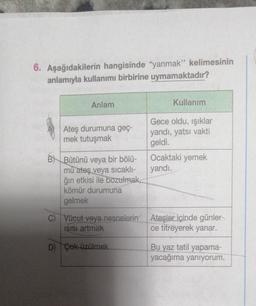 6. Aşağıdakilerin hangisinde "yanmak" kelimesinin
anlamıyla kullanımı birbirine uymamaktadır?
Anlam
Ateş durumuna geç-
mek tutuşmak
BBütünü veya bir bölü-
mü ateş veya sıcaklı-
ğın etkisi ile bozulmak,
kömür durumuna
gelmek
Kullanım
Gece oldu, ışıklar
yandı, yatsı vakti
geldi.
Ocaktaki yemek
yandı.
C) Vücut veya nesnelerin Ateşler içinde günler-
ISISI artmak
ce titreyerek yanar.
D) Çok üzülmek
Bu yaz tatil yapama-
yacağıma yanıyorum.