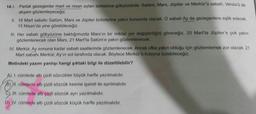 14.1. Parlak gezegenler mart ve nisan ayları süresince gökyüzünde. Satürn, Mars, Jüpiter ve Merkür'ü sabah, Venüs'ü de
akşam gözlemleyeceğiz.
II. 18 Mart sabahı Satürn, Mars ve Jüpiter birbirlerine yakın konumda olacak. O sabah Ay da gezegenlere eşlik edecek.
15 Nisan'da yine görebileceğiz.
III. Her sabah gökyüzüne baktığımızda Mars'ın bir miktar yer değiştirdiğini göreceğiz. 20 Mart'ta Jüpiter'e çok yakın
gözlemlenecek olan Mars, 21 Mart'ta Satürn'e yakın gözlemlenecek.
IV. Merkür, Ay sonuna kadar sabah saatlerinde gözlemlenecek. Ancak ufka yakın olduğu için gözlemlemek zor olacak. 21
Mart sabahı Merkür, Ay'ın sol tarafında olacak. Böylece Merkür'ü kolayca bulabileceğiz.
Metindeki yazım yanlışı hangi şıktaki bilgi ile düzeltilebilir?
A) I. cümlede altı çizili sözcükler büyük harfle yazılmalıdır.
B) II. cümlede altı çizili sözcük kesme işareti ile ayrılmalıdır.
III. cümlede altı çizili sözcük ayrı yazılmalıdır.
D) IV. cümlede altı çizili sözcük küçük harfle yazılmalıdır.