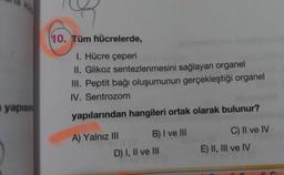 yapısın
10. Tüm hücrelerde,
I. Hücre çeperi
II. Glikoz sentezlenmesini sağlayan organel
III. Peptit bağı oluşumunun gerçekleştiği organel
IV. Sentrozom
yapılarından hangileri ortak olarak bulunur?
A) Yalnız III
B) I ve III
C) II ve IV
D) I, II ve III
E) II, III ve IV