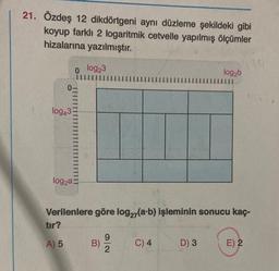 21. Özdeş 12 dikdörtgeni aynı düzleme şekildeki gibi
koyup farklı 2 logaritmik cetvelle yapılmış ölçümler
hizalarına yazılmıştır.
log43
0-
| | | | | | | | | | | | | || | ||__
log2a=-
tır?
A) 5
log₂3
Verilenlere göre log27(a-b) işleminin sonucu kaç-
9
B) 12/20
C) 4
log₂b
||||
D) 3
E) 2