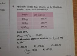 açıldı-
mesi.
Il
8. Aşağıdaki tabloda bazı bileşikler ve bu bileşiklerin
standart oluşum entalpileri verilmiştir.
Bileşik
SO 3(g)
H₂O(s)
H₂SO4(s)
AH (kJ/mol)
A) -928,16
Buna göre,
SO3(g) + H₂O(s)
H₂SO4
tepkimesinin standart entalpisi (AHTepkime) kaç
kJ'dür?
-395,70
-285,80
-811,30
B)-618,80
D)-129,80
C) -256,40
E) -45,60