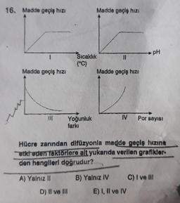 16. Madde geçiş hızı
Madde geçiş hızı
A) Yalnız II
Sıcaklık
(°C)
D) II ve III
Yoğunluk
farkı
Madde geçiş hızı
||
Madde geçiş hızı
IV
Hücre zarından difüzyonla madde geçiş hızına
etki eden faktörlere ait yukarıda verilen grafikler
den hangileri doğrudur?
B) Yalnız IV
pH
E) I, II ve IV
Por sayısı
C) I ve Ill