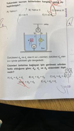 2.
Yukarıdaki kavram ikililerinden hangileri yanlış eş-
leştirilmiştir?
A) Yalnız I
D) I ve II
B) Yalnız II
K
A) d >ds > d
Ip
E) II ve H
lp
yatay
Dd >ds >dk
D)
L
SIVI
Özkütleleri dk ve d olan K ve L cisimleri, özkütlesi de olan
SIVI içinde şekildeki gibi dengededir.
C) Yalnız III
Cisimleri birbirine bağlayan ipin gerilmesi sıfırdan
farklı olduğuna göre; d d ve d arasındaki ilişki
nedir?
B) d₁ >dk>ds
karekök
C) ds >dk>
E) dk = ds = d₁
4.
$22
Soy
DA 19