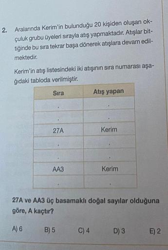 2. Aralarında Kerim'in bulunduğu 20 kişiden oluşan ok-
çuluk grubu üyeleri sırayla atış yapmaktadır. Atışlar bit-
tiğinde bu sıra tekrar başa dönerek atışlara devam edil-
mektedir.
Kerim'in atış listesindeki iki atışının sıra numarası aşa-
ğıdaki tabloda v