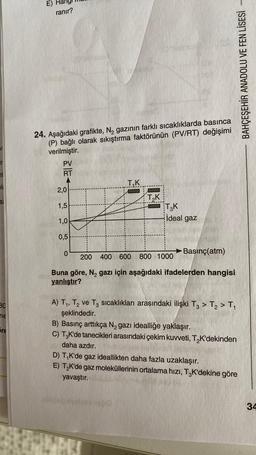 ni
si
30
ne
Sre
E)
ranır?
24. Aşağıdaki grafikte, N₂ gazının farklı sıcaklıklarda basınca
(P) bağlı olarak sıkıştırma faktörünün (PV/RT) değişimi
verilmiştir.
PV
RT
2,0
1,5
1,0
0,5
0
T.K
T,K
T3K
ideal gaz
→Basınç(atm)
200 400 600 800 1000
Buna göre, N₂ gazı için aşağıdaki ifadelerden hangisi
yanlıştır?
A) T₁, T₂ ve T3 sıcaklıkları arasındaki ilişki T3 > T₂ > T₁
şeklindedir.
BAHÇEŞEHİR ANADOLU VE FEN LİSESİ
B) Basınç arttıkça N₂ gazı idealliğe yaklaşır.
C) T3K'de tanecikleri arasındaki çekim kuvveti, T₂K'dekinden
daha azdır.
D) T₁K'de gaz ideallikten daha fazla uzaklaşır.
E) T₂K'de gaz moleküllerinin ortalama hızı, T3K'dekine göre
yavaştır.
34