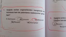 ◆ Zafer Yayın
5. Aşağıda verilen organellerden hangisinde hem
özümleme hem de yadımlama reaksiyonları gerçek-
leşir?
A) Sentrozom
B) Liz
B) Lizozom
D) Ribozom
Mitokondri
Kloroplast
9.
E) MITOKOnun sayi
Aşağıda verilen c
rilasyon hem de
A) Ribozom
D Sentra