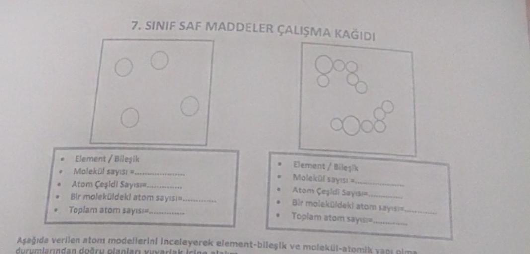 #
●
.
7. SINIF SAF MADDELER ÇALIŞMA KAĞIDI
808
Element/Bileşik
Molekül sayısı .....
Atom Çeşidl Sayısı.............
Bir moleküldekl atom sayısı......
Toplam atom sayısı
R
a
0008
● Molekül sayısı
ə
Element/Bileşik
Atom Çeşidi Sayısı...
Bir moleküldekl atom