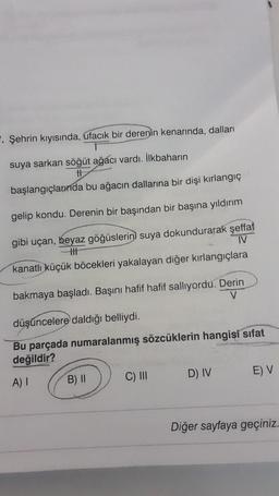 . Şehrin kıyısında, ufacık bir derenin kenarında, dalları
suya sarkan söğüt ağacı vardı. İlkbaharın
tt
başlangıçlarında bu ağacın dallarına bir dişi kırlangıç
gelip kondu. Derenin bir başından bir başına yıldırım
gibi uçan, beyaz göğüslerini suya dokundurarak şeffaf
|||
IV
kanatlı küçük böcekleri yakalayan diğer kırlangıçlara
bakmaya başladı. Başını hafif hafif sallıyordu. Derin
düşüncelere daldığı belliydi.
Bu parçada numaralanmış sözcüklerin hangisi sifat
değildir?
A) I
B) II
C) III
D) IV
E) V
Diğer sayfaya geçiniz.