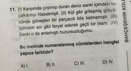 11. (1) Karşımda çırpınıp duran deniz sanki içimdeki bu
çalkantıyı hissetmişti. (II) Kül gibi grileşmiş gökyü-
zünde güneşten bir parçacık bile kalmamıştı. (III)
İçimdeki acı gibi feryat ederek geçti bir marti. (IV)
Sanki o da anlamıştı huzursuzluğumu.
Bu metinde numaralanmış cümlelerden hangisi
yapıca farklıdır?
A) I.
B) II.
C) III.
D) IV.
BAHÇEŞEHİR KOLE