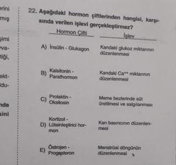 erini
mış
simi
va-
tiği,
ekt-
du-
nda
sini
1
T
1
4
1
I
22. Aşağıdaki hormon çiftlerinden hangisi, karşı-
sında verilen işlevi gerçekleştirmez?
Hormon Çifti
A) İnsülin - Glukagon
B)
C)
Kalsitonin -
Parathormon
E)
Prolaktin -
Oksitosin
Kortizol -
D) Lüteinleştirici hor-
mon
Östrojen -
Progesteron
İşlev
Kandaki glukoz miktarının
düzenlenmesi
Kandaki Ca++ miktarının
düzenlenmesi
Meme bezlerinde süt
üretilmesi ve salgılanması
Kan basıncının düzenlen-
mesi
Menstrual döngünün
düzenlenmesi