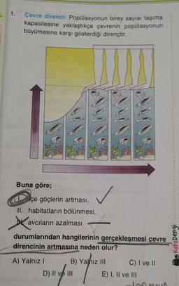 1.
Çevre direnci: Popülasyonun birey sayısı taşıma
kapasitesine yaklaştıkça çevrenin popülasyonun
büyümesine karşı gösterdiği dirençtir.
Buna göre;
içe göçlerin artması,
II. habitatların bölünmesi,
avcıların azalması
durumlarından hangilerinin gerçekleşmesi çevre
direncinin artmasına neden olur?
A) Yalnız I
B) Yalnız III
D) II ve III
C) I ve II
E) I, II ve III
desy
KafaDengi