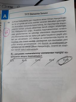 - CSiieDE
en
se
1-
n
A
a
TYT Deneme Sınavı
(1) Kısa hikâyelerle yazı hayatına atılan Orhan Hançerlioğlu
bir iki yıl içinde art arda eserler vererek dikkatleri çekmiştir.
(II) Sonradan romanda karar kılmış, bir röportajında düşün-
celerini roman yoluyla aktarmayı tercih ettiğini söylemiştir.
(III) Hikâyelerinin çoğu, Anadolu kaymakamlıkları sırasın-
daki gözlemlerine ve edindiği izlenimlere dayanmaktadır.
(IV) Romanlarında ise daha çok şehir hayatının çeşitli yön-
leri yer almaktadır. (V) Hikâye ve romanlarında biçime ve
özellikle dile önem verdiği, yenileşmek için durmadan yeni
yollar aradığı görülmektedir. (VI) Sözlük ve ansiklopedi ça-
lışmalarıyla da dikkat çeken Hançerlioğlu, önemli bir düşü-
nür olarak kabul edilmektedir.
15.
Bu parçadaki numaralanmış cümlelerden hangisi dü-
şüncenin akışını bozmaktadır?
AYII
B) Ill
C) V
D) V
E) VI