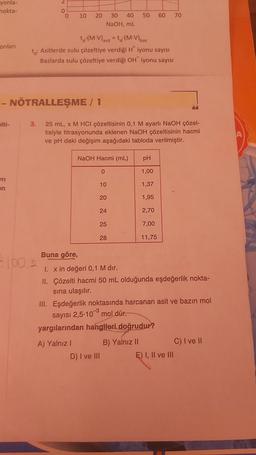 yonla-
nokta-
onları
elti-
wri
en
3.
2
0
- NÖTRALLEŞME / 1
$100.2
0
10 20
t (M-V) asit = t (M-V) baz
Asitlerde sulu çözeltiye verdiği H* iyonu sayısı
Bazlarda sulu çözeltiye verdiği OH iyonu sayısı
30 40
NaOH, mL
25 mL, x M HCI çözeltisinin 0,1 M ayarlı NaOH çözel-
tisiyle titrasyonunda eklenen NaOH çözeltisinin hacmi
ve pH daki değişim aşağıdaki tabloda verilmiştir.
NaOH Hacmi (mL)
0
10
20
24
25
28
50 60 70
D) I ve III
Buna göre,
1. x in değeri 0,1 M dır.
II. Çözelti hacmi 50 mL olduğunda eşdeğerlik nokta-
sına ulaşılır.
pH
1,00
1,37
1,95
2,70
7,00
11,75
III. Eşdeğerlik noktasında harcanan asit ve bazın mol
sayısı 2,5-10-3 mol dür.
yargılarından hangileri doğrudur?
A) Yalnız I
B) Yalnız II
E) I, II ve III
C) I ve II