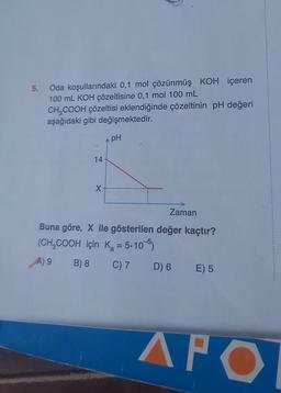 5.
Oda koşullarındaki 0,1 mol çözünmüş KOH içeren
100 mL KOH çözeltisine 0,1 mol 100 mL
CH3COOH çözeltisi eklendiğinde çözeltinin pH değeri
aşağıdaki gibi değişmektedir.
14
X
A PH
Zaman
Buna göre, X ile gösterilen değer kaçtır?
(CH₂COOH için K₂ = 5-105)
Ka
A) 9 B) 8 C) 7 D) 6 E) 5
AFO