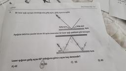 rok arasında
7.SINIF
5.
Bir lazer ışığı ynaya tutulduğunda geliş açısı, gidiş açısına eşittir.
Geliş açısı
MATEMATIK-723
Gidiş açısı
Ayna
Aşağıda birbirine paralel duran iki ayna arasından bir lazer ışığı şekildeki gibi tutuluyor.
Lazer ışığının geliş açısı 65° olduğuna göre x açısı kaç derecedir?
A) 45
B) 50
C) 55
Ayna
D) 60
,,ved,
A) 130