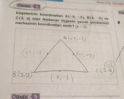 ÖRNEK 4
Köşelerinin koordinatları A(-5, -3), B(3, -3) ve
C(3, a) olan ikizkenar üçgenin çevrel çemberinin
merkezinin koordinatları nedir? (a > 0)
8(3.3)
ÖRNEK 5
A(-3,-3)
(3,-3)
ANALITIK GEOME
(-1,-3)
C (3.9
OR