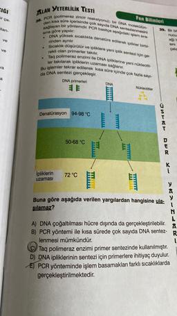 CIĞI
ir ça-
llan-
ve
ve
va
a
ALAN YETERLİLİK TESTİ
38. PCR (polimeraz zincir reaksiyonu); bir DNA molekülün-
sağlayan bir yöntemdir. PCR basitçe aşağıdaki işlem sıra-
den kısa süre içerisinde çok sayıda DNA sentezlenmesini
sına göre yapılır:
DNA yüksek sıcaklıkta denatüre edilerek iplikler birbi-
rinden ayrılır
Sıcaklık düşürülür ve ipliklere yeni iplik sentezi için ge-
.
•
rekli olan primerler takılır.
Taq polimeraz enzimi ile DNA ipliklerine yeni nükleotit-
ler takılarak ipliklerin uzaması sağlanır.
Bu işlemler tekrar edilerek kısa süre içinde çok fazla sayı-
da DNA sentezi gerçekleşir.
DNA primerleri
.
Denatürasyon 94-98 °C
İpliklerin
uzaması
50-68 °C
72 °C
TIT
www
DNA
HIIH
TIT
Fen Bilimleri
TIITIT
Nükleotitler
39. Bir bil
nucu
ağ) b
Sini
çalış
JATKT
DER
Buna göre aşağıda verilen yargılardan hangisine ula-
sılamaz?
i
A) DNA çoğaltılması hücre dışında da gerçekleştirilebilir.
B) PCR yöntemi ile kısa sürede çok sayıda DNA sentez-
lenmesi mümkündür.
AKVINK
C Taq polimeraz enzimi primer sentezinde kullanılmıştır.
D) DNA ipliklerinin sentezi için primerlere ihitiyaç duyulur.
E) PCR yönteminde işlem basamakları farklı sıcaklıklarda
gerçekleştirilmektedir.
L
*
R