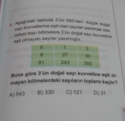 3. Aşağıdaki tabloda 3'ün 500'den küçük doğal
sayı kuvvetlerine eşit olan sayılar yazılmak iste-
nirken bazı bölmelere 3'ün doğal sayı kuvvetine
eşit olmayan sayılar yazılmıştır.
0
9
81
1
27
243
B) 330
Buna göre 3'ün doğal sayı kuvvetine eşit ol-
mayan böl