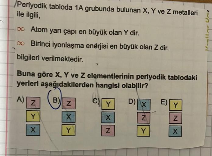 /Periyodik tabloda 1A grubunda bulunan X, Y ve Z metalleri
ile ilgili,
∞ Atom yarı çapı en büyük olan Y dir.
Birinci iyonlaşma enerjisi en büyük olan Z dir.
bilgileri verilmektedir.
Buna göre X, Y ve Z elementlerinin periyodik tablodaki
yerleri aşağıdakile